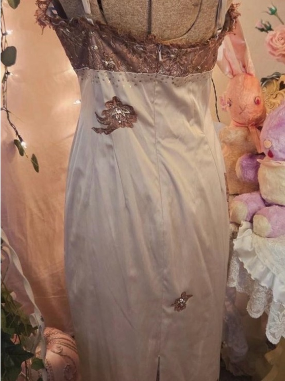 Elegant Satin Slip Dress with Lace Bodice - Taupe